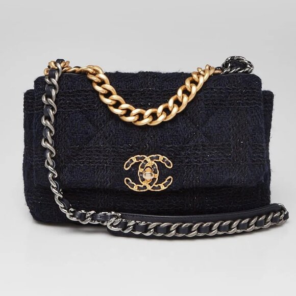 Chanel Navy Blue/Black Quilted Tweed Small Chanel 19 Bag - Picture 1 of 10